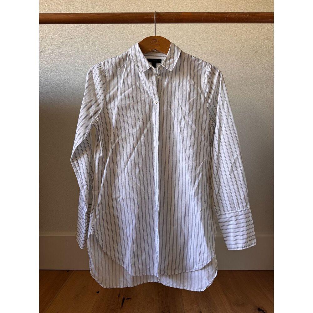 J Crew White Button Up Poplin Pin Stripe Tunic Shirt Size 4 Layering essential